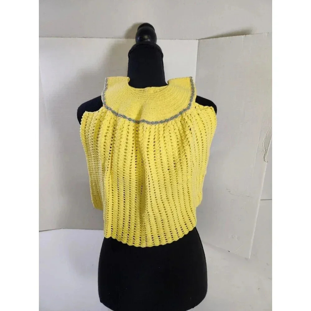 Vintage Crochet Baby Doll Dress Yellow & Blue 11"L X 12"W